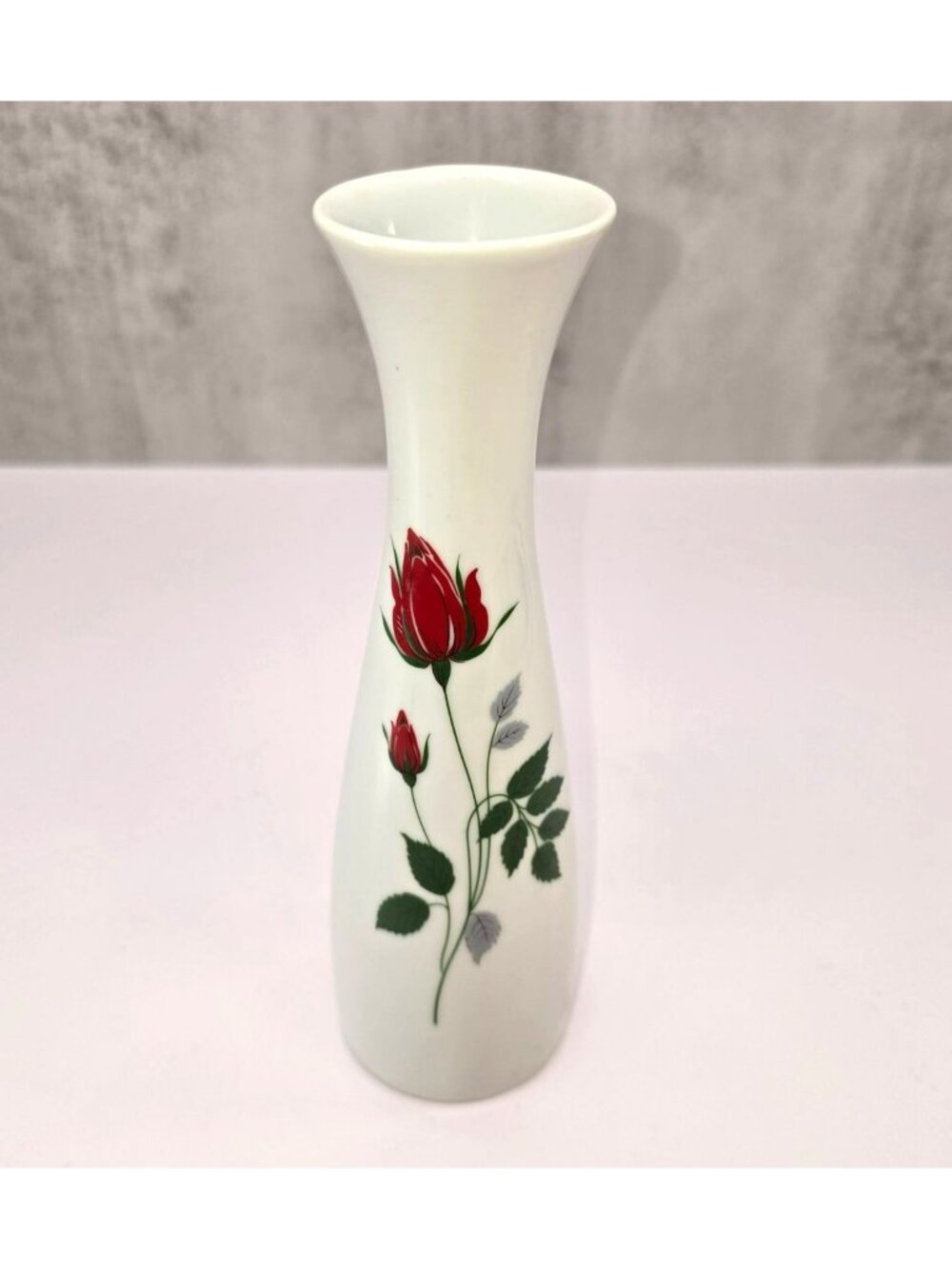 Vintage White Ceramic Bud Vase With Red Rose Print Tapered Design 8" VL5095